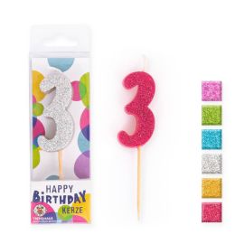 BIRTHDAY FUN Zahlenkerze Glitter Mini 2, sortiert (1 Stück)