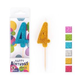 BIRTHDAY FUN Zahlenkerzen Glitter Mini 4, sortiert (1 Stück)