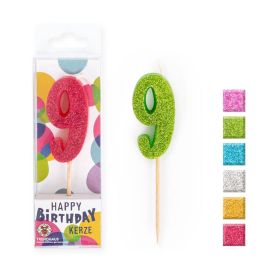 BIRTHDAY FUN Zahlenkerze Glitter Mini 9, sortiert (1 Stück)
