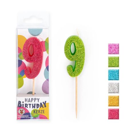 BIRTHDAY FUN Zahlenkerze Glitter Mini 9, sortiert (1 Stück)