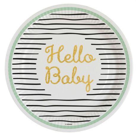 8 Teller Hello Baby rund Papier 23 cm