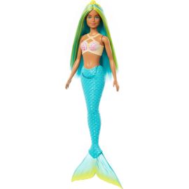 Barbie Meerjungfrau-Puppe mit blauen und gelben Strähnchen, türkisfarbener Schwanzflosse und Haarband