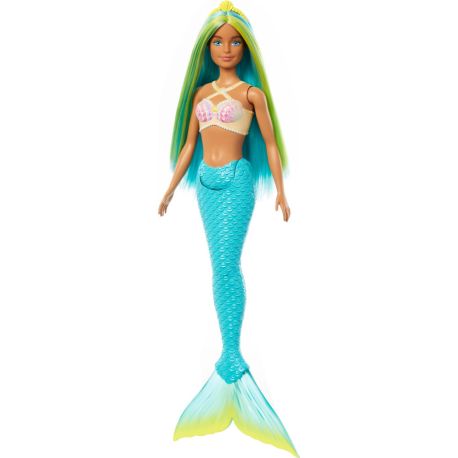 Barbie Meerjungfrau-Puppe mit blauen und gelben Strähnchen, türkisfarbener Schwanzflosse und Haarband