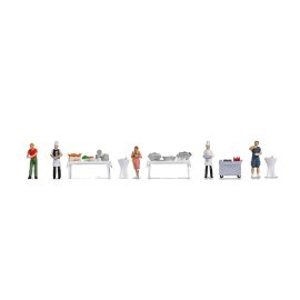 NOCH H0 Figuren-Themenwelt Buffet Inhalt: 3 Gäste, 2 Köche, 2 Buffettische, 1 Buffetwagen, 2 Stehtische