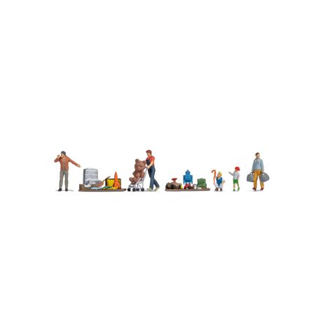 NOCH H0 Figuren-Themenwelt Flohmarkt Inhalt: 1 Mutter mit Buggy und Riesenteddy, 1 Kunde, 2 Kinder, 1 Verkäufer, 2 gro