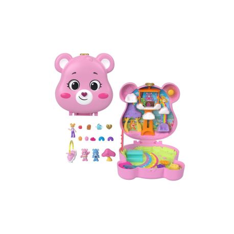 Polly Pocket x Glücksbärchi Puppen & Spielset mit Spielzeugauto und thematischen Accessoires, Reisespielzeug-Schatulle