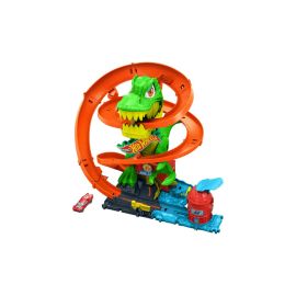 Hot Wheels City T-Rex-Feuerschlacht Spielset und Die-Cast-Spielzeugauto im Maßstab 1:64, gegnerischer Dinosaurier