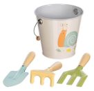 Eimer mit Gartenwerkzeug, Motiv Schnecke