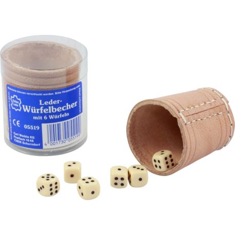 Leder-Würfelb. natur 5 cm+6 Würfel, Dose