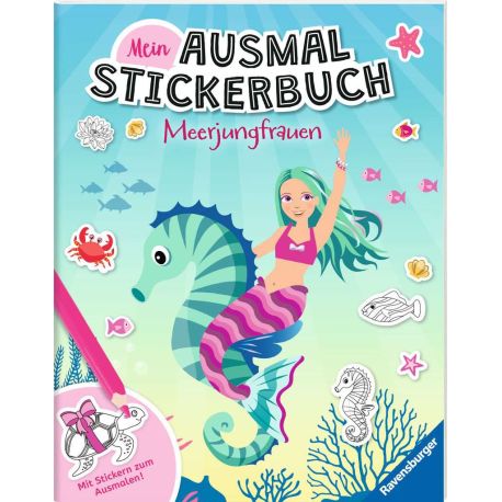 Ravensburger Mein Ausmalstickerbuch Meerjungfrauen - Großes Buch mit über 300 Stickern, viele Sticker zum Ausmalen