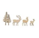 Holz-Streudeko Baum/Hirsch, 4tlg., 4-8cm, Stärke 5mm, SB-Box 1Set, natur
