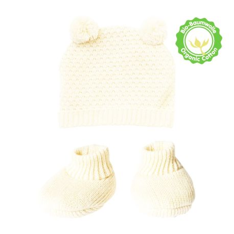 Puppen-Strickset mit Bommelmütze und Strickschuhen aus 100 % Bio-Baumwolle, ecru, 2-teilig, Gr. 35-45 cm