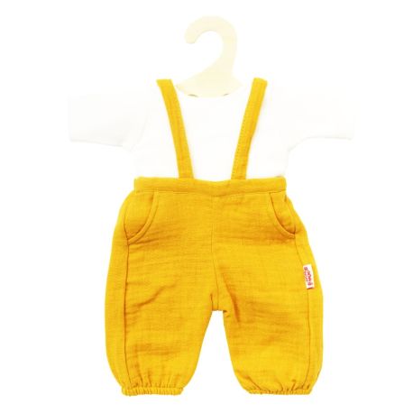 Puppen-Latzhose aus 100 % Bio-Baumwolle, honiggelb, mit weißem T-Shirt, 2-teilig, Gr. 28-35 cm