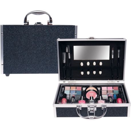 Casuelle Kosmetikkoffer mit blau schwarz glitzernen Oberfläche, 25 x 19 x 7,5 cm, Inhalt: 1 x Spiegel, 2 x Lippenstift