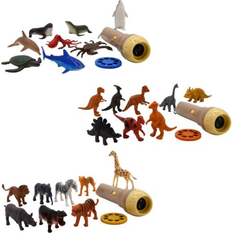 TOF Tierfiguren + Projektor Taschenlampe, 3-fach sortiert