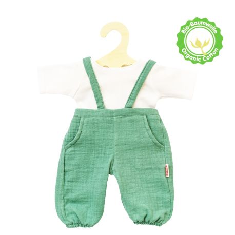 Puppen-Latzhose aus 100 % Bio-Baumwolle, salbeigrün, mit weißem T-Shirt, 2-teilig, Gr. 28-35 cm