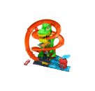 Hot Wheels City T-Rex-Feuerschlacht Spielset und Die-Cast-Spielzeugauto im Maßstab 1:64, gegnerischer Dinosaurier