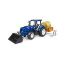 Bruder 02187 New Holland T5.120 mit Frontlader, Ladekasten, Gabeln + 1 Rundballen