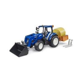 Bruder 02187 New Holland T5.120 mit Frontlader, Ladekasten, Gabeln + 1 Rundballen