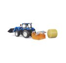 Bruder 02187 New Holland T5.120 mit Frontlader, Ladekasten, Gabeln + 1 Rundballen