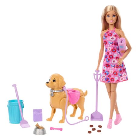 Barbie Malibu Hundespaziergang Spielset, enthält Puppe, Hund zum Spazierengehen und Häufchenmachen   Zubehör