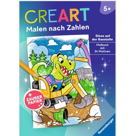Ravensburger CreArt Malen nach Zahlen ab 5: Dinos auf der Baustelle, Malbuch, 24 Motive, Zauberpapier