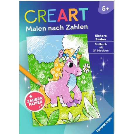 Ravensburger CreArt Malen nach Zahlen ab 5: Einhorn Zauber, Malbuch, 24 Motive, Zauberpapier