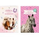 Grußkarte mit Wegbegleiter-Pin – Du bist 1. Klasse! / Hurra, du bist ein Schulkind! - (Pferdefreunde