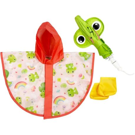Puppen-Regen-Set Froschi Carlo mit Regenschirm, Regencape und Stiefelchen, Gr. 28-35 cm