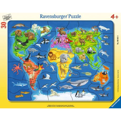 Ravensburger 6641 Puzzle Weltkarte mit Tieren 30-48 Teile