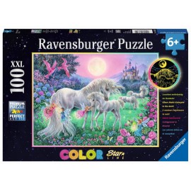 Ravensburger Puzzle - Dreifarbiges Leuchtpuzzle - Einhörner im Mondschein, 100 Teile