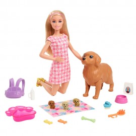 Barbie Puppe (blond) mit Hund und Welpen