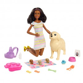 Barbie Puppe (brünett) mit Hund und Welpen