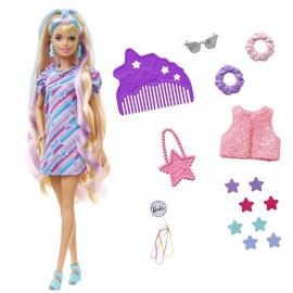 Mattel HCM88 Barbie Totally Hair Puppe im Sternenlook, 21,6 cm langes Fantasiehaar, 15 Zubehörteile,
