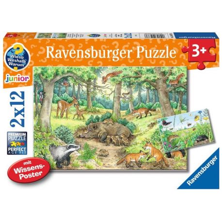 Ravensburger Kinderpuzzle - 05673 Tiere im Wald und auf der Wiese - 2x12 Teile + Wissensposter, Wies