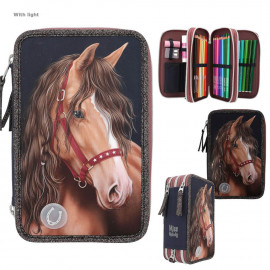Miss Melody 3 Fach Federtasche LED GLITTER HORSE