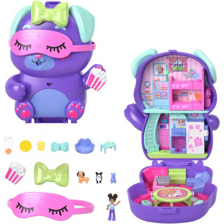 Polly Pocket Übernachtungsparty-Welpen-Spielset mit 1 kleinen Puppe und zwei Hündchen, Spielzeug für