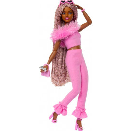 Barbie Deluxe Style-Puppe Nr. 4 mit weichem rosafarbenem Jumpsuit und rosa und braunen geflochtenen