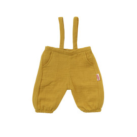 Puppen-Latzhose aus 100 % Bio-Baumwolle, honiggelb, mit weißem T-Shirt, 2-teilig, Gr. 28-35 cm