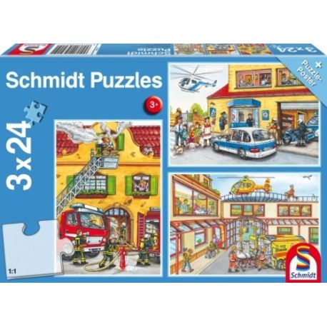 Schmidt Spiele Kinderpuzzle Feuerwehr und Polizei, 3x24 Teile