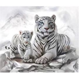 Diamond Painting Weiße Tigermama mit Jungtier 40x30 cm